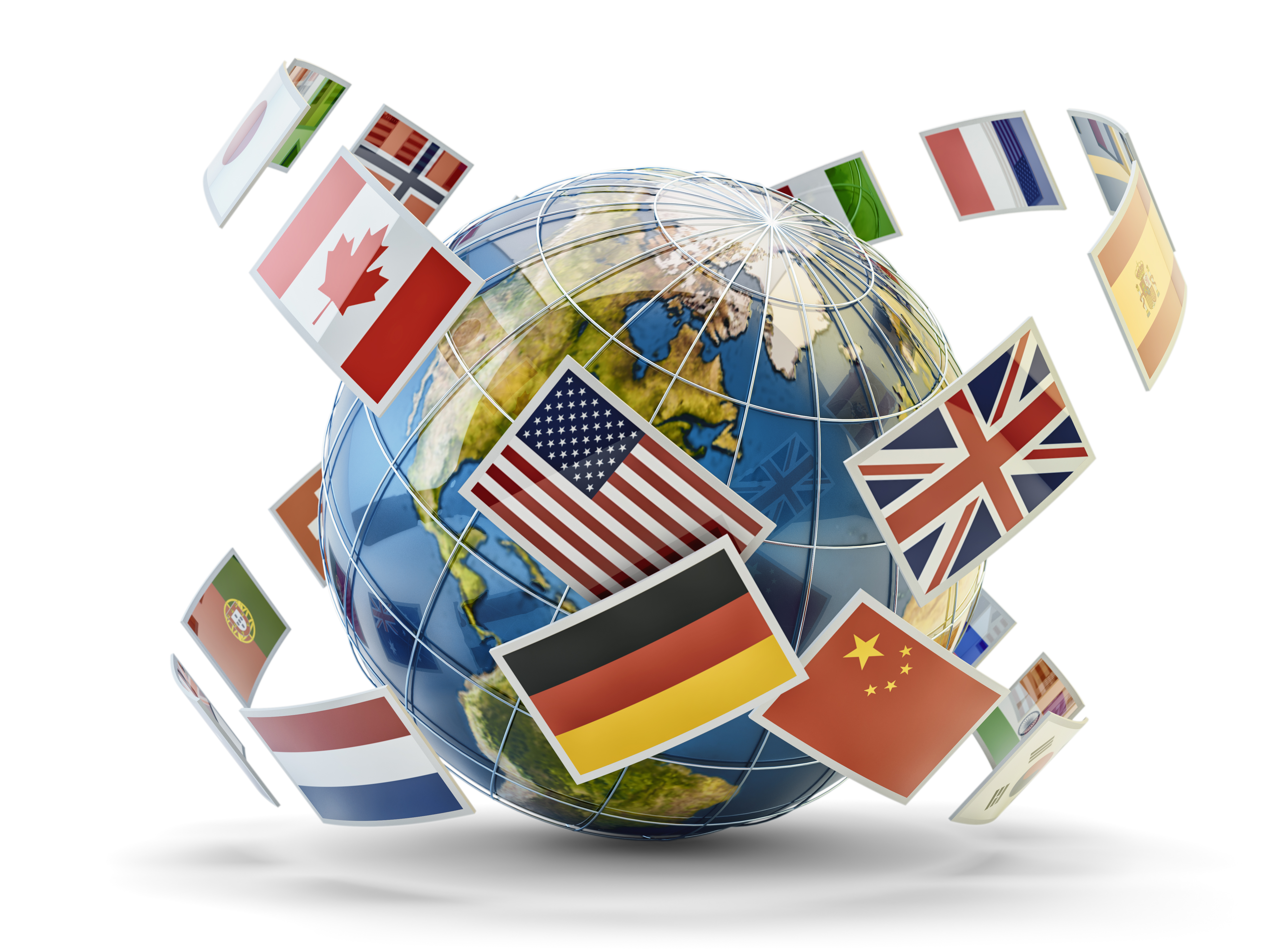 Между странами. Международные отношения. Международное сотрудничество. Междунородные отношение. Глобус с флагами.